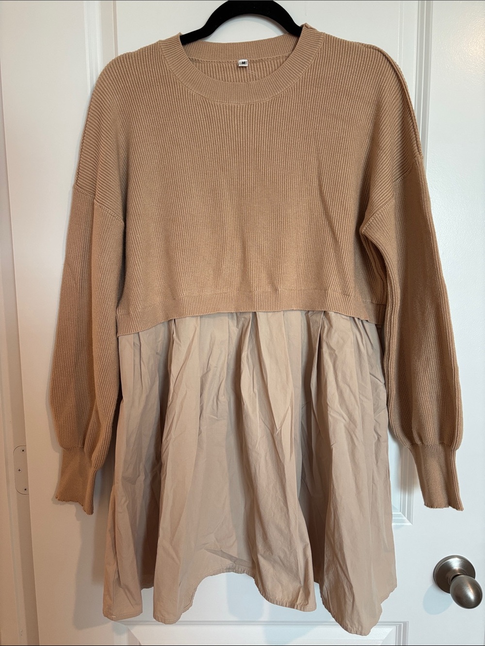 Beige Two-Tone Knit Top with Gathered Skirt dress
